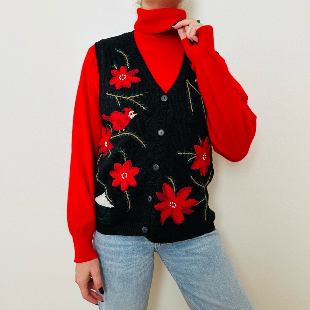 Vintage Capacity Christmas Cardigan Sweater Vest Floral Birds  Holiday